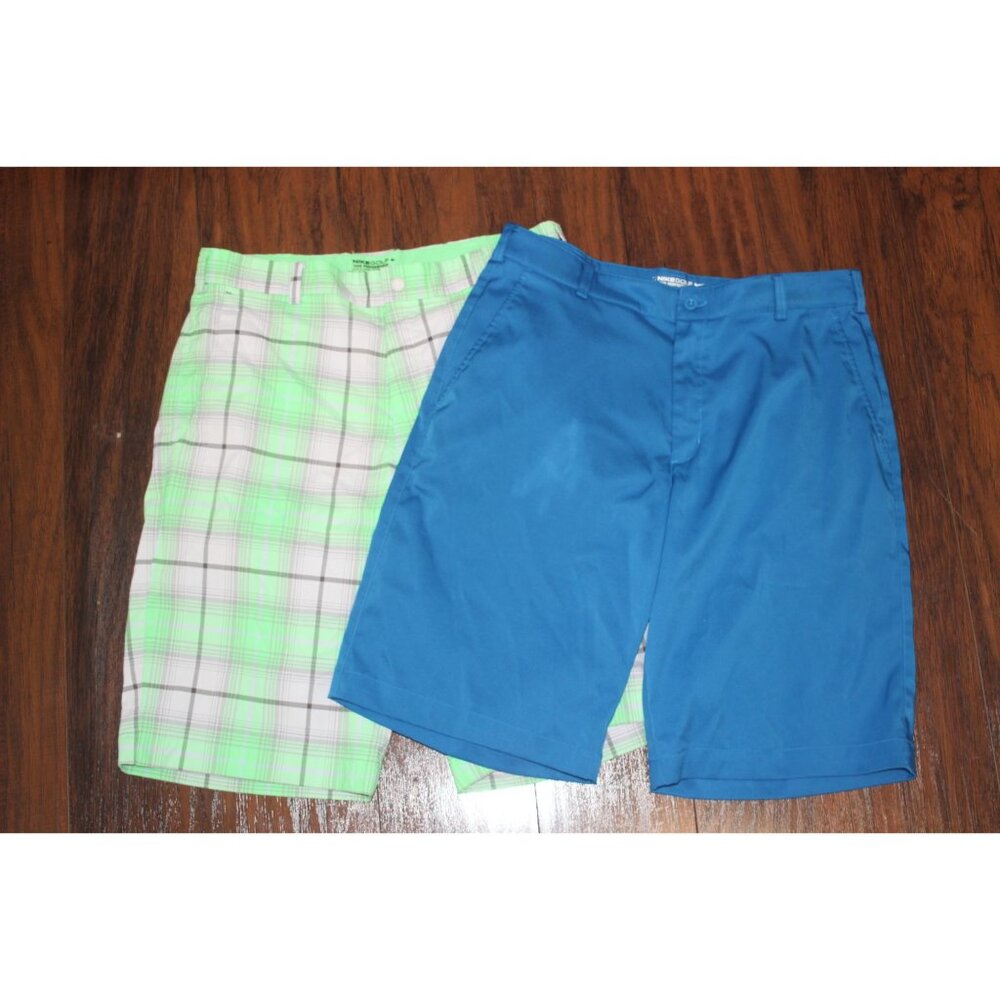 Nike Golf Mens Dri-Fit Tour Performance Plaid Green & Blue Shorts 32 Lot of 2